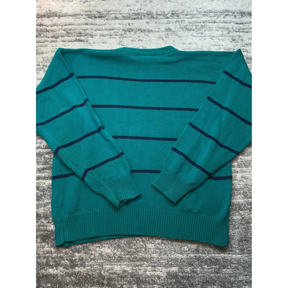 Eddie Bauer Sweater Mens XL Teal Striped VTG 90s Cotton Knit Crewneck Fisherman